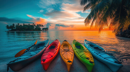 Kayak boat in tropical beach with coconut tree at sunset