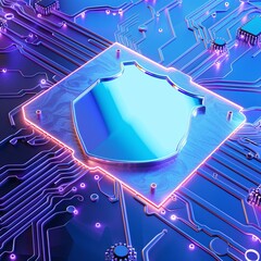 Wall Mural - Futuristic digital shield on a microchip motherboard glowing with blue and purple lights, representing cybersecurity and technology innovation.