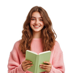 A girl is holding a book and smiling on a transparent background.