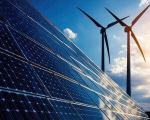 solar panels and wind turbines harnessing renewable energy in a bright sky, showcasing sustainable p