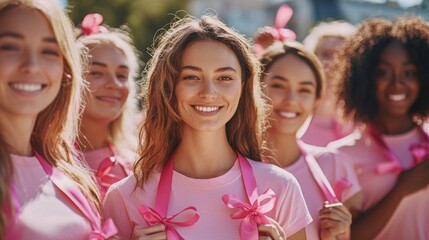 Canvas Print - A diverse group of women in pink shirts holding ribbons at a breast cancer awareness event.