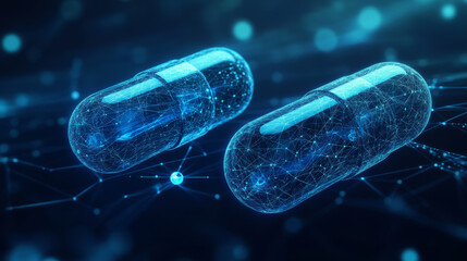 Two blue capsules are shown, representing medicine. The image uses a modern, geometric design with a wireframe background.