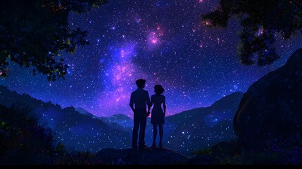 Wall Mural - Silhouetted couple gazing at a starry night sky filled with vibrant colors.