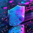 © Tackey - Futuristic shield symbolizing digital security on a vibrant circuit board with neon lights and electronic components.