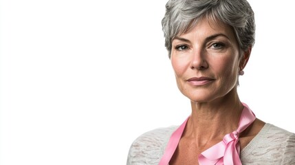 Wall Mural - A middle-aged woman with a serious expression wearing a pink ribbon on her blouse isolated on white background.