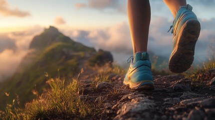 A runner traverses a rocky mountain path during dawn, with vibrant colors of sunrise illuminating the clouds and the rugged terrain around them