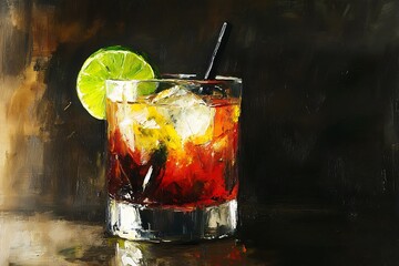 Sticker - Oil Painting of a Cocktail with Lime Wedge and Ice.