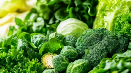 A close-up of various fresh green vegetables including broccoli, lettuce, spinach, and Brussels sprouts, vibrant and healthy for cooking and salads.