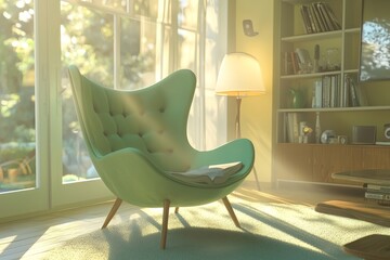 Wall Mural - Light green living room with yellow chair. Minimalist design idea from pastel colors.