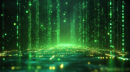 Poster - abstract digital wallpaper green neon lines over the black backgroun particles falling down with glowing tails