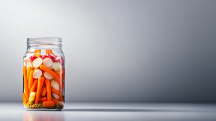 A glass jar filled with colorful pickled vegetables, placed on a smooth surface with a gradient gray background, showcasing healthy snack options.