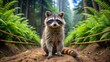 © Achiraya - A determined raccoon stands assertively on the boundary of a scratched-out line in the dirt, demarcating its territory amidst a scenic forest backdrop of ferns and trees.