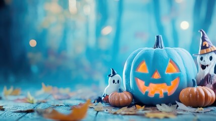 Blue pumpkin lit up with spooky ghost figurines