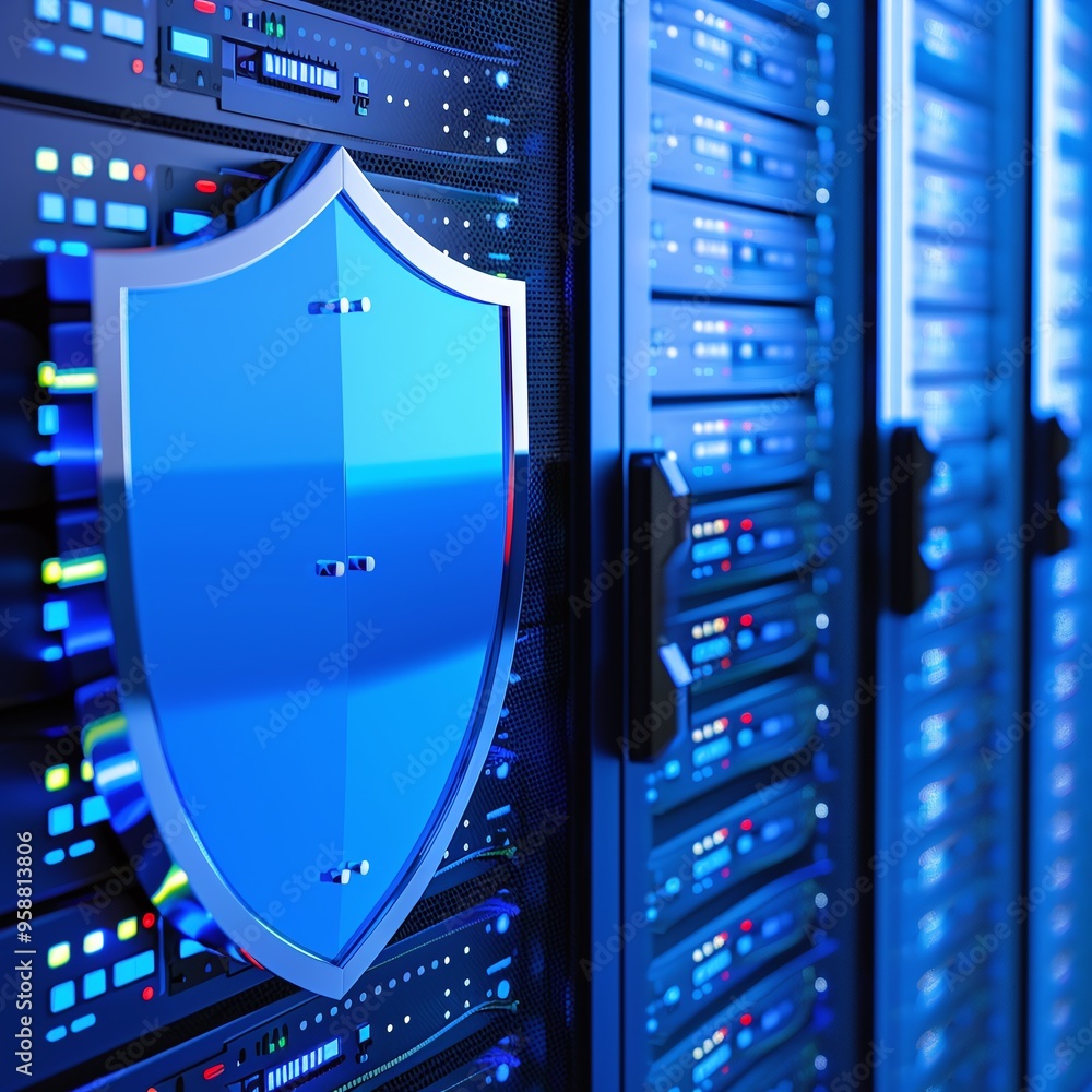 Secure server room with blue shield icon representing protection of ...