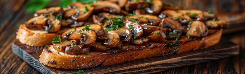 Wall Mural - Mushrooms on a piece of bread on a cutting board, food background, banner