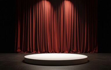 Dramatic stage with red curtains and spotlight, circular platform, theater scene, 3D illustration