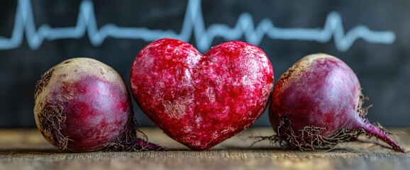 Two beets and a heart-shaped prop in front of a heart rate monitor.