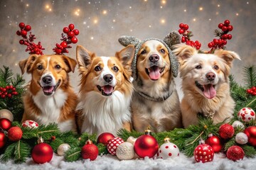 Wall Mural - Adorable festive canines surrounded by holly, ornaments, and snowflakes, showcasing joyful holiday cheer with their cute faces, floppy ears, and wagging tails.