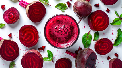 Wall Mural - Vibrant beetroot juice surrounded by fresh beets and green leaves on a white backdrop