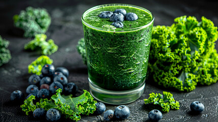 Refreshing green smoothie with kale and blueberries on a dark surface