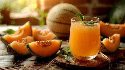 Wall Mural - Refreshing melon drink with fresh mint surrounded by sliced melons on a wooden table