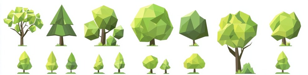 Wall Mural - Modern 3D low poly symbol. Set of abstract low poly tree icons isolated. Geometric forest polygon style collection.