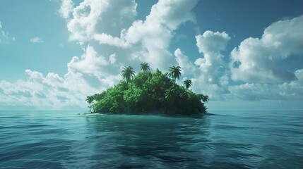 Wall Mural - A small, tropical island with lush vegetation and palm trees rises out of the crystal clear blue water under a bright blue sky with fluffy white clouds.