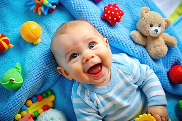 Adorable little cartoon infant lying on a soft blue blanket, surrounded by colorful toys and babbling away with a joyful, toothy grin on its face.