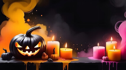 Halloween background with jack-o-lantern with candles shrouded in colored smoke