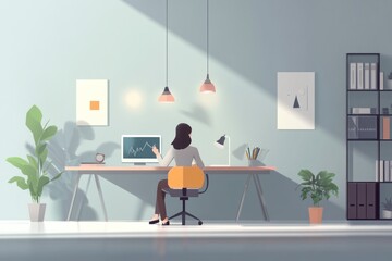 female office worker working happily an enthusiastically at her office illustration