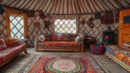 A detailed view of the yurtâ€™s interior, including furniture, textiles, and personal touches.