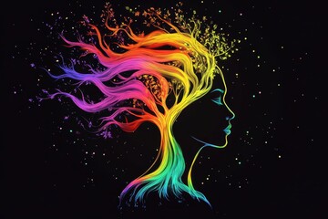 A colorful human head profile with flowing rainbow hair and tree-like ears, against a black background Generative AI