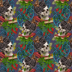 Seamless pattern skull and flower botanical horror garden Dark gothic witchcraft halloween art.