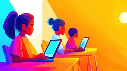 a classroom filled with students using tablets showing animated health tutorials, futuristic, warm l