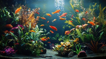 A vibrant aquarium filled with colorful tropical fish swimming among lush aquatic plants and coral, creating a serene underwater scene.