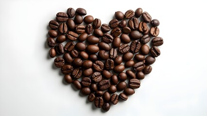 Roasted coffee beans in the shape of a heart caffeine beverage espresso on a white background love for fresh aroma