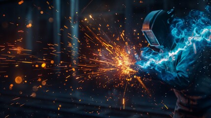 worker welding metal with bokeh of sparkle 