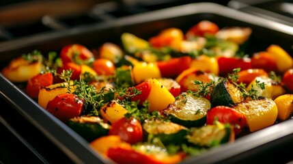 Colorful roasted vegetables including zucchini, tomatoes, and peppers, garnished with fresh herbs in a black baking tray.