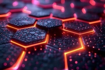 Wall Mural - A futuristic, glowing hexagonal grid with vibrant lighting effects, symbolizing advanced technology and digital networks. Perfect for themes of innovation, science fiction, and data visualization.