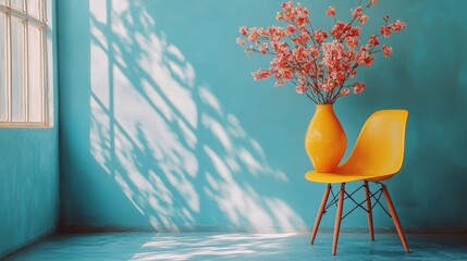 Poster - Modern Minimalist Interior with Bright Yellow Chair and Floral Vase