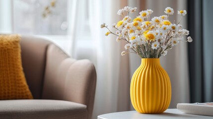 Canvas Print - Cozy Living Room Decor with Yellow Vase and Flowers