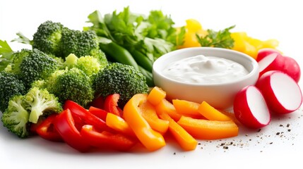 Fresh and colorful vegetable platter with broccoli, bell peppers, radishes, and dip. A healthy, vibrant snack option on a white background.