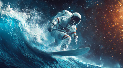 Wall Mural - astronaut surfing on the abstract wave in outer space. creative photorealistic illustration generate