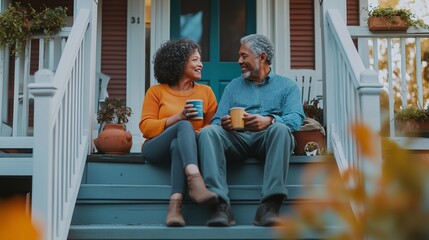 A couple enjoys coffee on the front porch steps of their home during a sunny afternoon in a friendly neighborhood