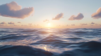 Serene ocean waves under a pastel sunset sky with fluffy clouds.