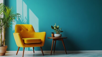 Sticker - Modern minimalist living room with yellow armchair and teal wall