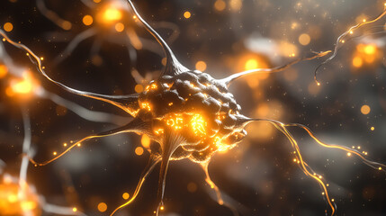 A photorealistic depiction of electrical pulses in a digital brain, with glowing gold and silver synapses, set against a sleek, metallic background. Photorealistic. Illustration