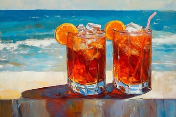 Two Glasses of Refreshing Drink on a Sunny Beach with Ocean View.