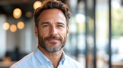 Wall Mural - a man with a beard and a blue shirt smiling at the camera with a blurry background of a building