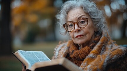 Wall Mural - beautiful elderly woman reading book outdoor in park having relaxing moment grandmother reading the bible in the cemetery